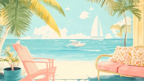 Sunwashed seaside patio gazes toward sailboats and pastel surf.