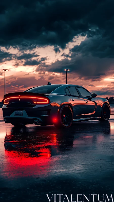 Sport sedan on wet asphalt under dramatic evening sky.