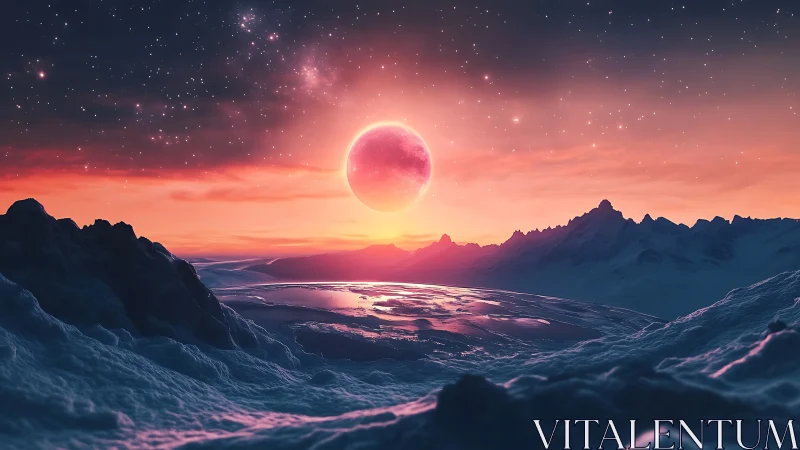 Dreamy alien sunrise over a tranquil frozen landscape.