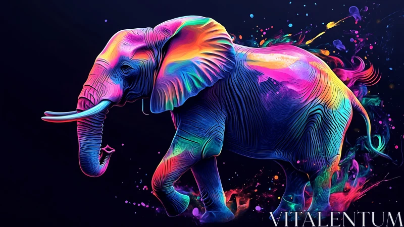 Neon chromatic elephant digital painting with fluid motion lines.