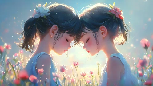 Sunlit twin girls in floral meadow rendered as soft anime portrait