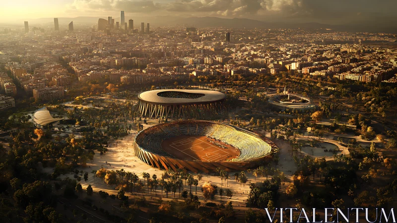 Sunlit urban stadium complex within dense city gridscape.