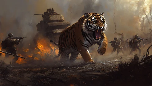 Roaring tiger charging through burning battlefield chaos.