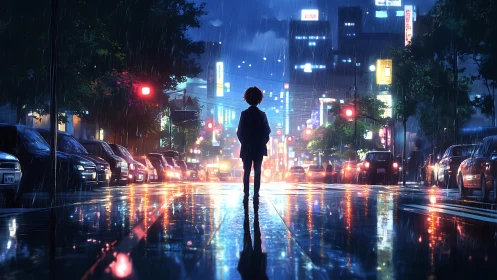 Backlit figure in neon drenched nocturnal rainscape corridor.