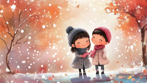 Two Children in Autumn Leaves and Snow.