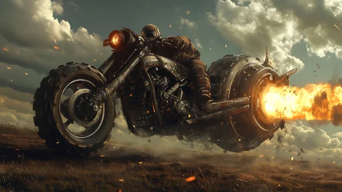Sky-scorching wasteland rider on a fire-jet war bike.