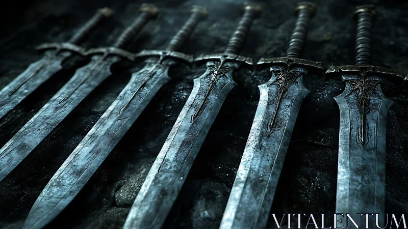 Row of engraved broadswords on dark textured surface.