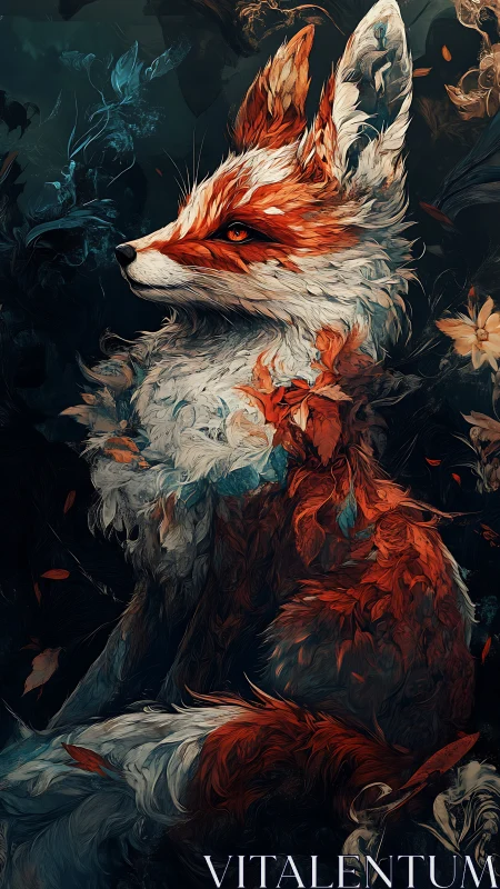 Mythic red fox sits poised in swirling floral shadows