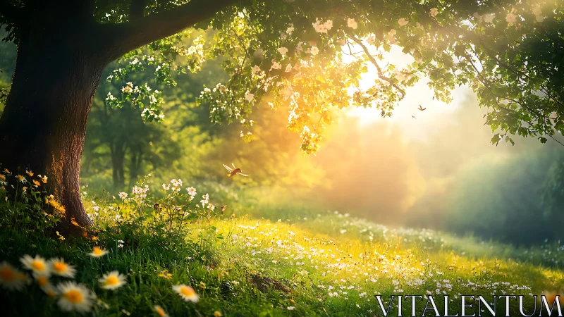 Sunlit Meadow Under Blossoming Tree in Dreamy Nature Scene.
