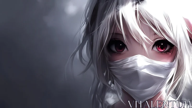 Soft-eyed anime girl in a mask amid gentle silver light.