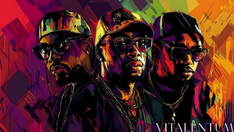 Neon hip hop trio portrait in abstract urban color field.