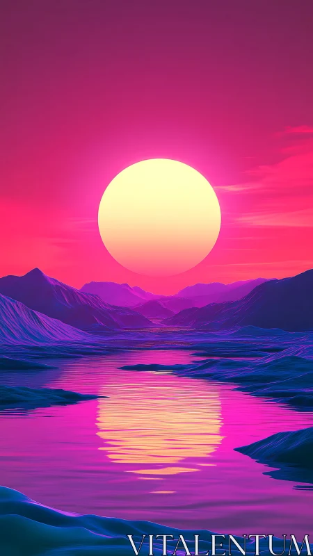 Neon sun over stylized mountains reflects in calm water