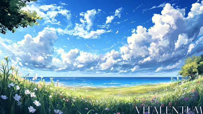 Sunlit wildflower coast opens onto a calm, endless sea