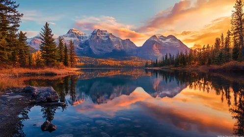 Alpine lake sunrise reflecting snowcapped peaks and conifer forest