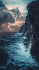 Steep rocky sea cliff meets rough ocean under storm clouds