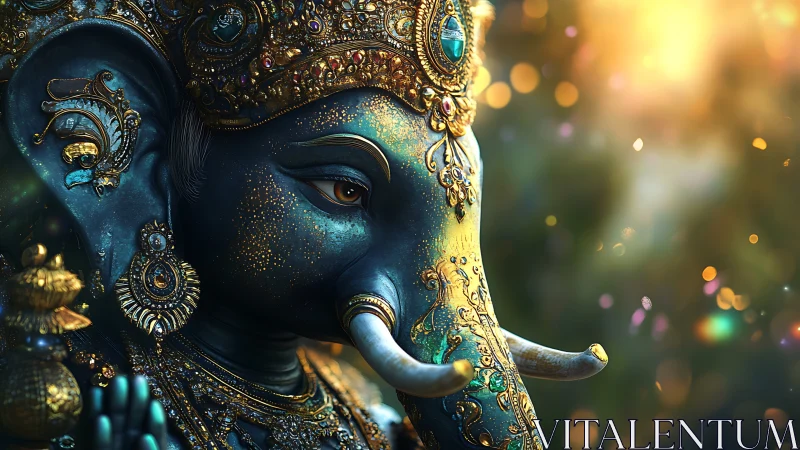 Golden light settles gently on a jeweled elephant deity