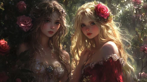 Rose-crowned maidens in luminous floral garden tableau.