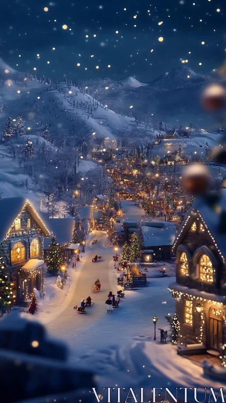 Snow-kissed Christmas village glowing under starlit hush.