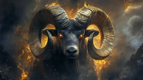 Demonic ram portrait with blazing eyes and firestorm backdrop.