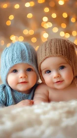Two Adorable Babies Bundled in Cozy Knit Hats.