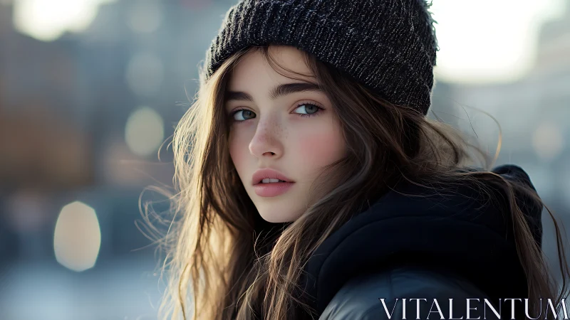 Young woman in knit beanie on cold city street portrait.
