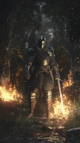 Armored knight standing in burning forest environment.