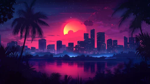 Neon sunset city skyline reflects across calm tropical bay