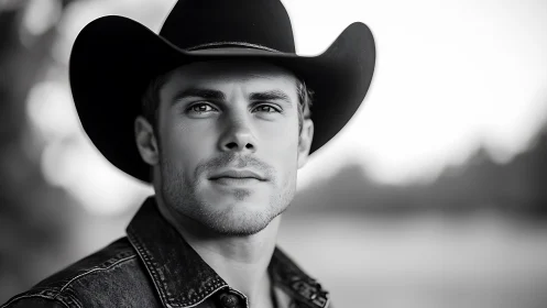 Confident cowboy gazes ahead in soft rural evening light