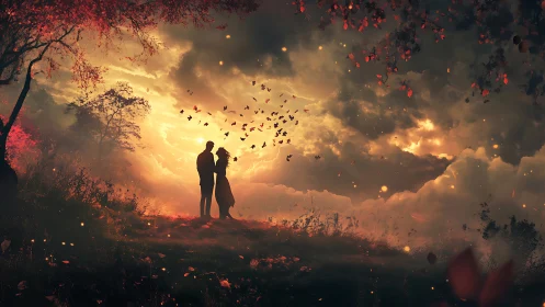 Silhouetted Couple Silhouettes Against Dramatic Golden Sunset Sky With Falling Leaves
