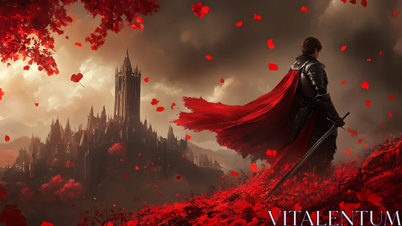 Crimson petals crown a lone knight before the stormed citadel