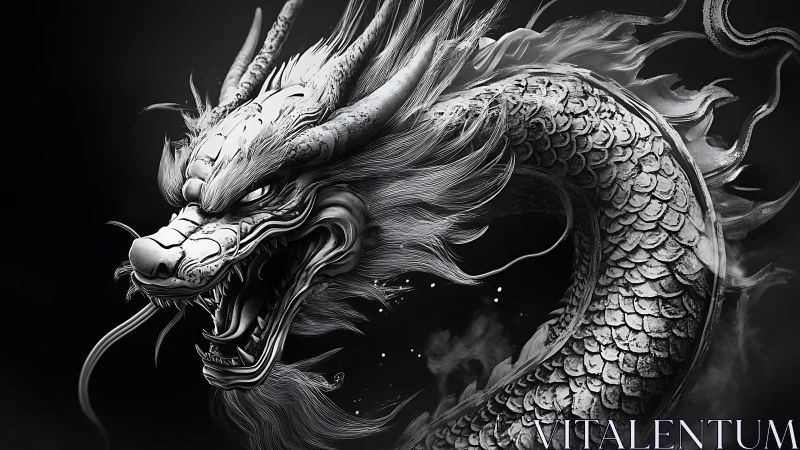Monochrome serpentine dragon rendered in high-contrast detail.
