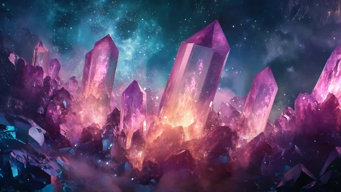 Large luminous violet crystals in nebula twilight landscape.