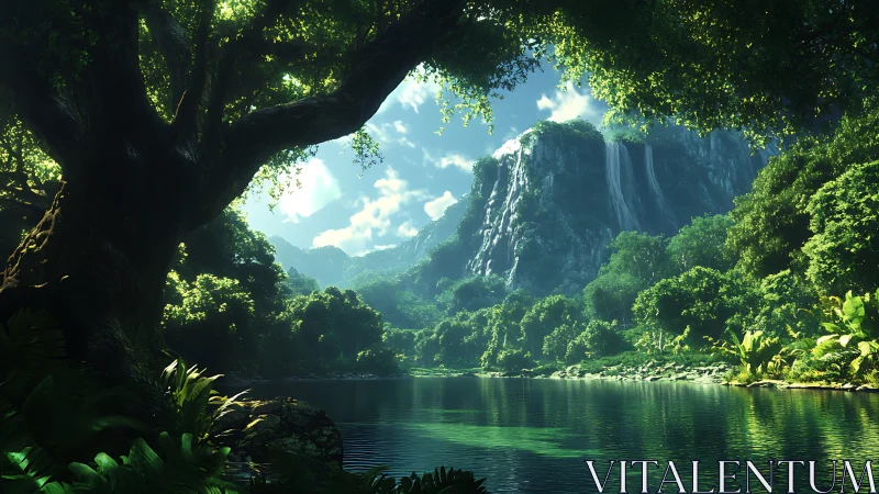 Emerald jungle hush cradles a crystal river beneath falls