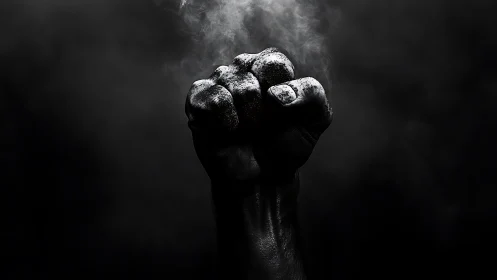 Clenched Fist with Powder Dust Against Dark Background.