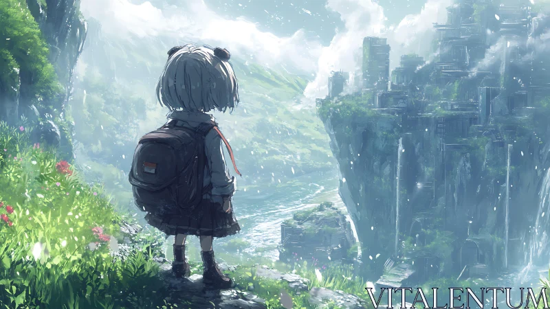 Young traveler overlooking verdant cliffside ruins at dawn.