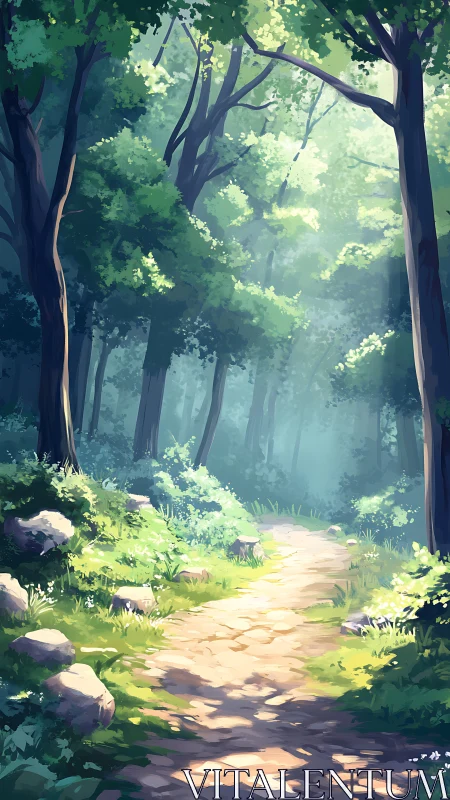 Luminous Forest Path: Dappled Sunlight Through Ancient Woodland.