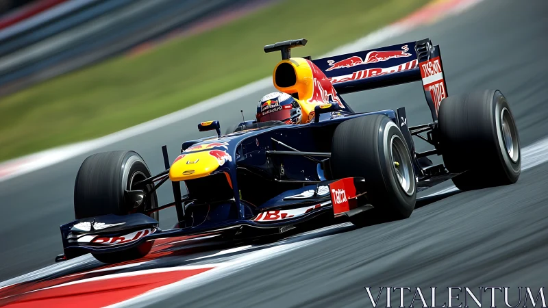 Formula race car cornering hard on smooth grand prix circuit.