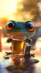 Wide-eyed cartoon frog cradles a glowing drink at sunset