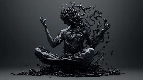 Liquid obsidian figure dissolves in meditative suspension