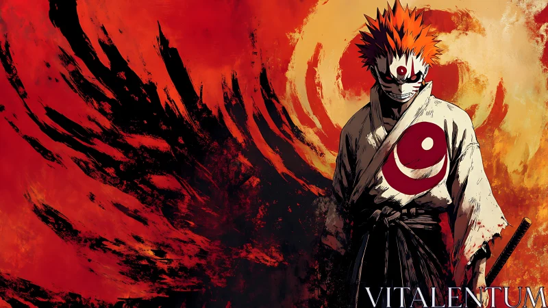 Anime warrior in infernal abstract brushstroke composition.