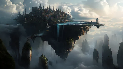 Floating citadel and waterfalls crown a cloud-suspended plateau