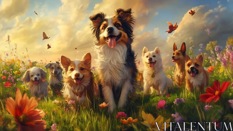 Sunlit dog parade romps through a wildflower dream meadow.