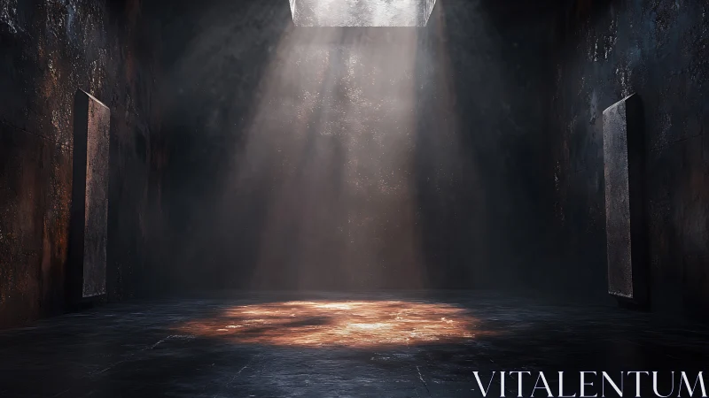 Light shaft over worn floor in empty industrial room.