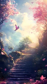 Enchanted stone stairway ascends through luminous cherry grove