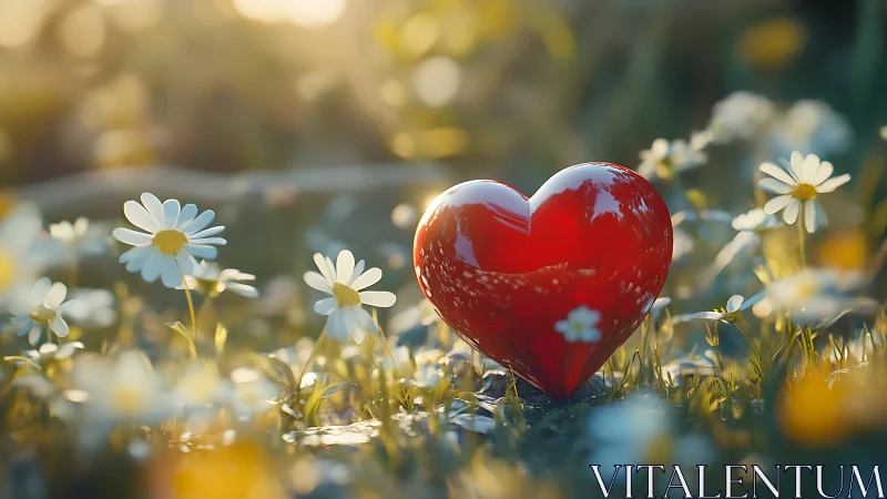 Glossy Red Heart Rests Amid Daisy Garden in Sunlit Field.