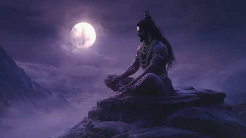 Moonlit ascetic meditates above mist-wrapped mountain abyss.