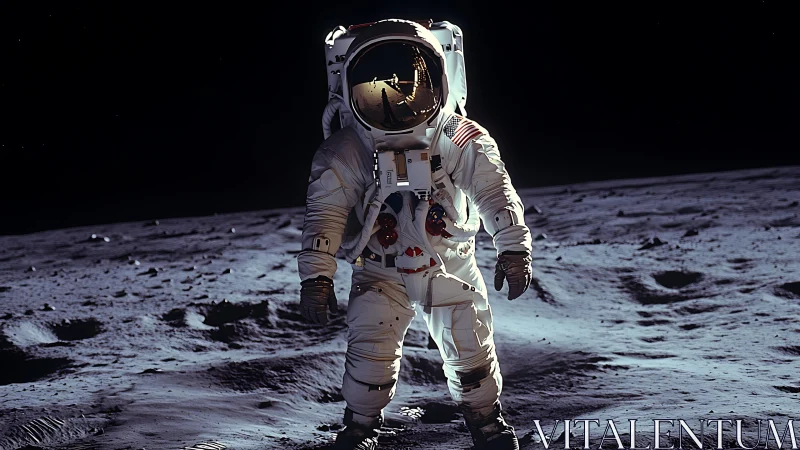Astronaut standing on the Moon in full EVA suit at night.