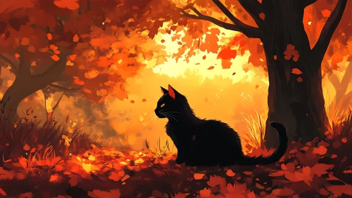 Black cat silhouette among autumn leaves and trees at golden hour.