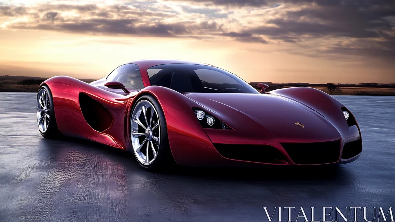 Sunset glow over a sleek crimson futuristic supercar.