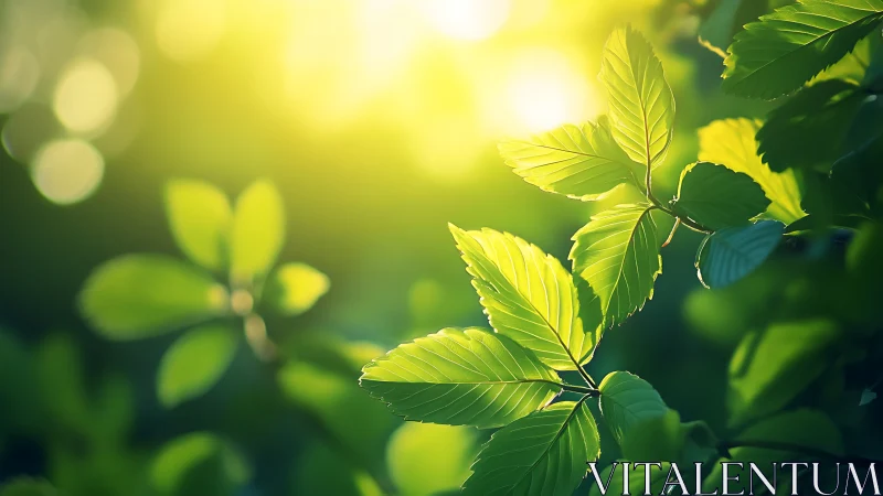 Sunlit green leaves glow softly in a tranquil forest haze